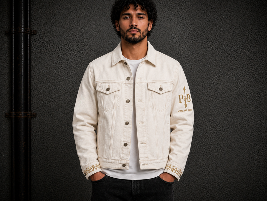 Chiefs Men's Off-White Denim Jacket front view on model