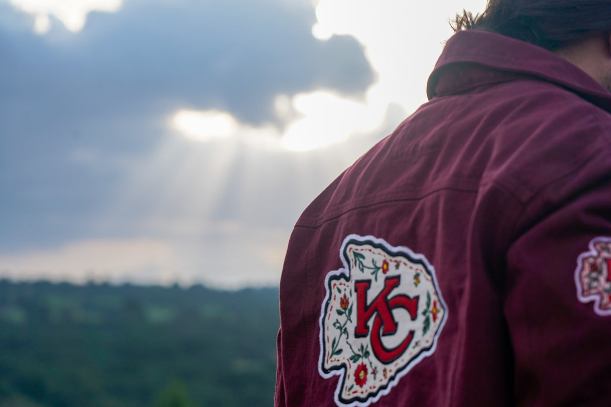 Pancho's Blanket × Kansas City Chiefs Men's Heritage Burnt Red Denim Jacket — photoshoot image _VID0201