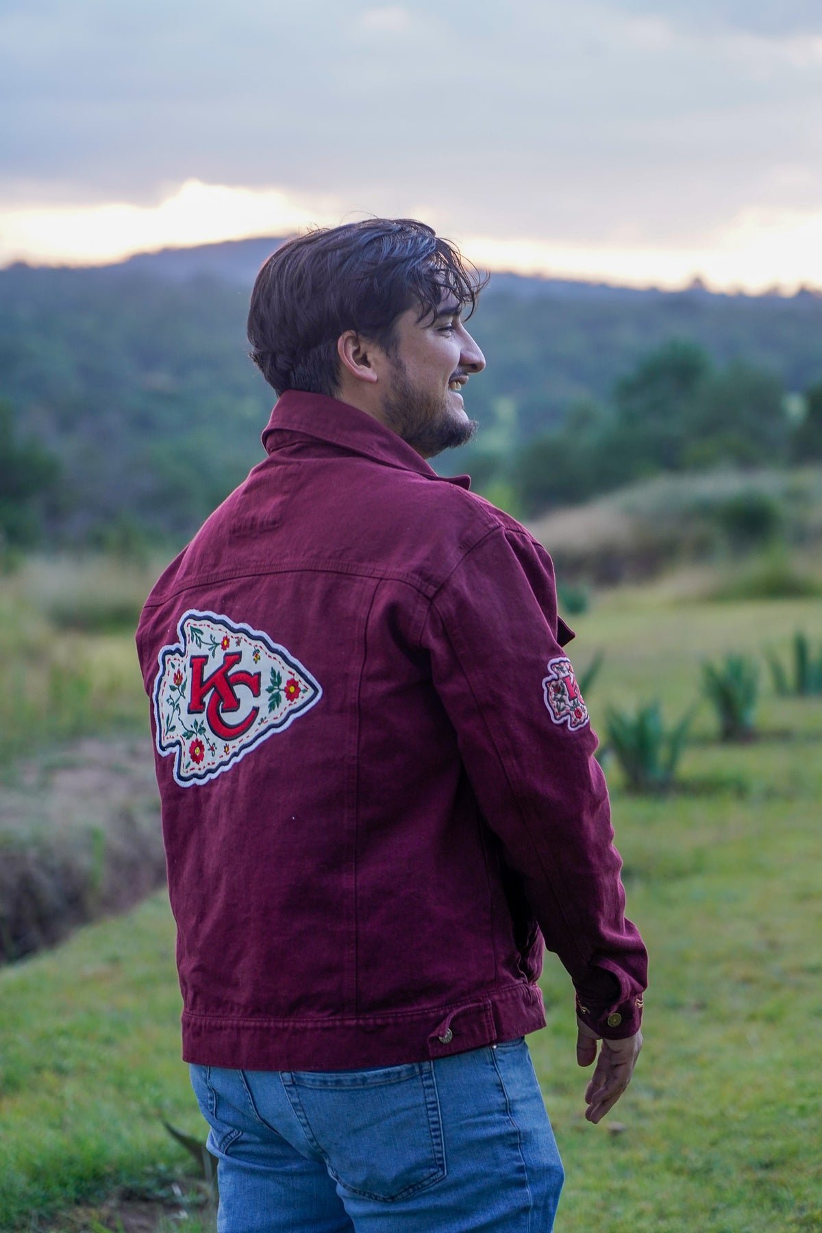 Pancho's Blanket × Kansas City Chiefs Men's Heritage Burnt Red Denim Jacket — photoshoot image _VID0489