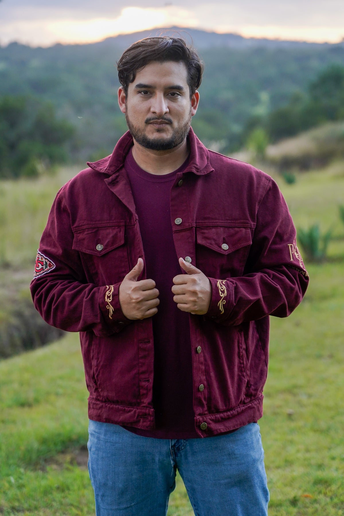 Pancho's Blanket × Kansas City Chiefs Men's Heritage Burnt Red Denim Jacket — photoshoot image _VID0494