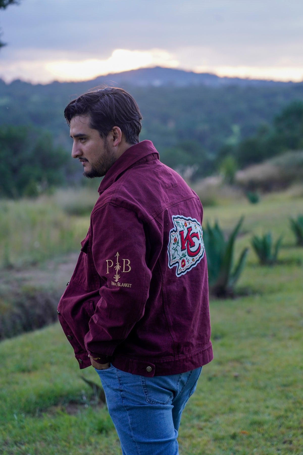 Pancho's Blanket × Kansas City Chiefs Men's Heritage Burnt Red Denim Jacket — photoshoot image _VID0499