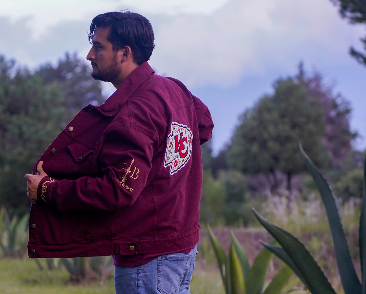 Pancho's Blanket × Kansas City Chiefs Men's Heritage Burnt Red Denim Jacket — photoshoot image _VID0537