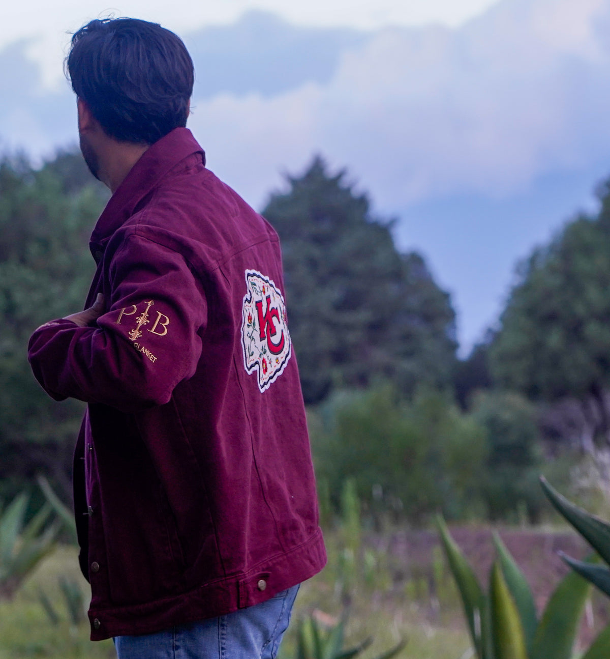 Pancho's Blanket × Kansas City Chiefs Men's Heritage Burnt Red Denim Jacket — photoshoot image _VID0544