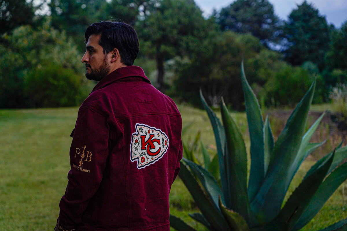 Pancho's Blanket × Kansas City Chiefs Men's Heritage Burnt Red Denim Jacket — photoshoot image _VID0565