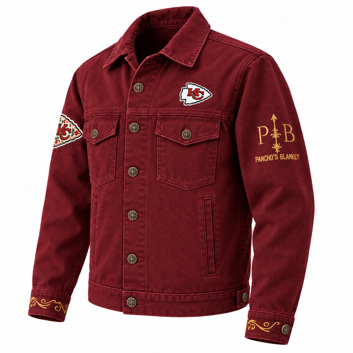 Pancho's Blanket × Kansas City Chiefs Men's Heritage Burnt Red Denim Jacket — front view on white background
