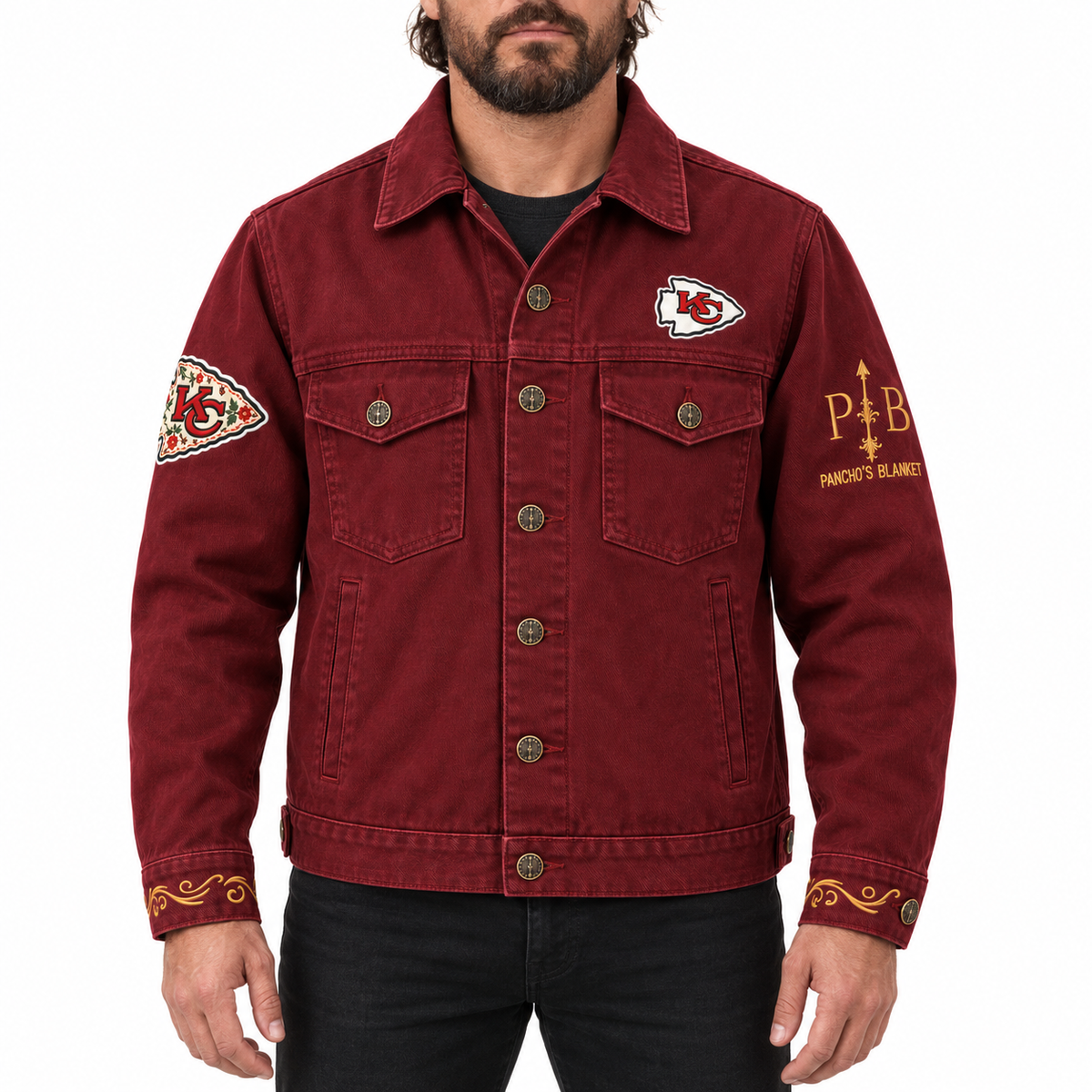 Pancho's Blanket × Kansas City Chiefs Men's Heritage Burnt Red Denim Jacket — modeled view on white background