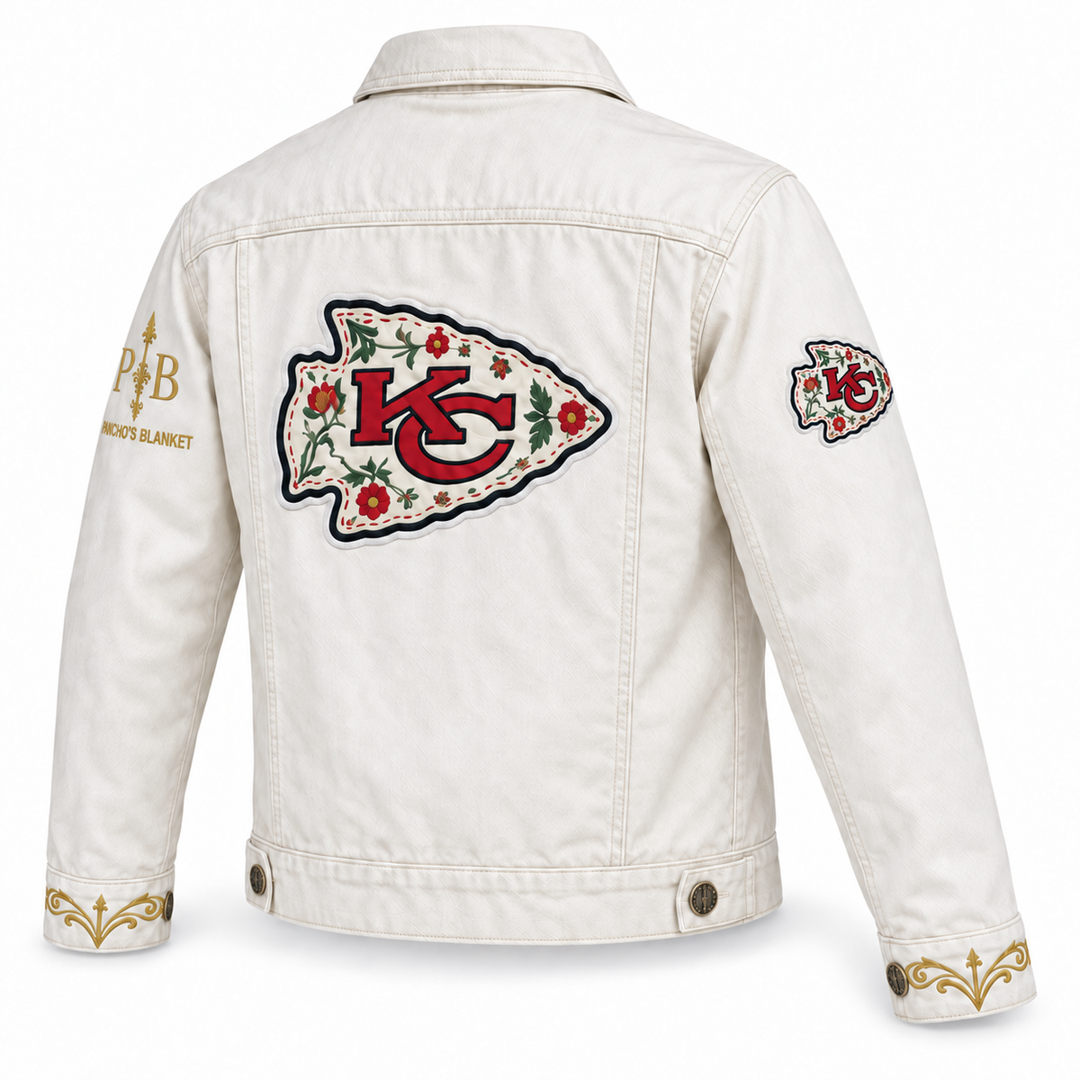 Pancho's Blanket × Kansas City Chiefs Men's Off-White Denim Jacket — back view on white background