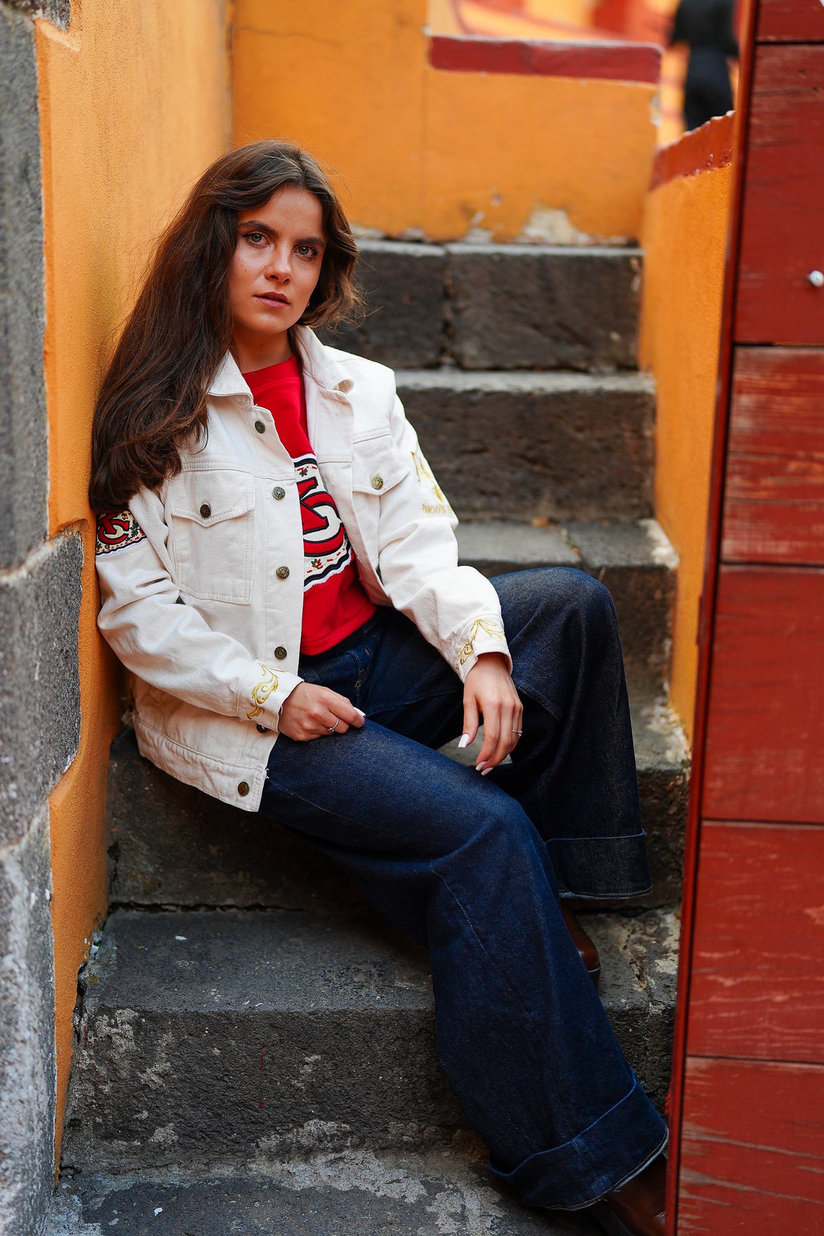 Pancho's Blanket × Kansas City Chiefs Women's Off-White Denim Jacket — photoshoot image 0442