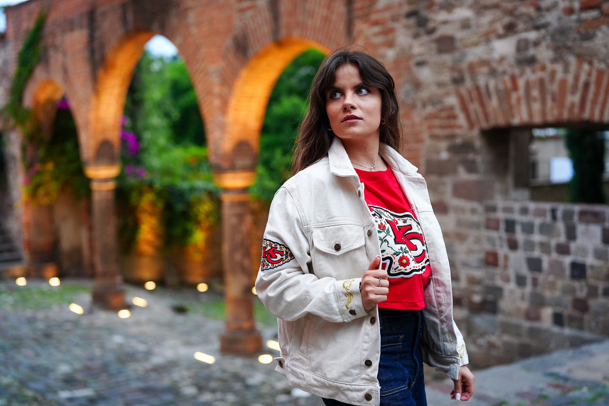 Pancho's Blanket × Kansas City Chiefs Women's Off-White Denim Jacket — photoshoot image 0596