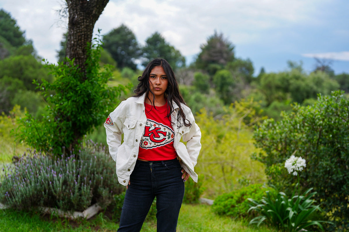 Pancho's Blanket × Kansas City Chiefs Women's Off-White Denim Jacket — photoshoot image 0821