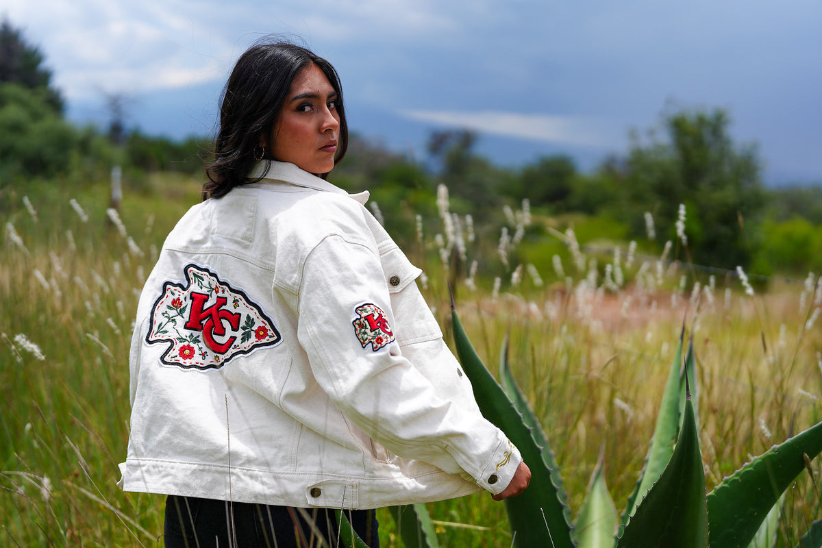 Pancho's Blanket × Kansas City Chiefs Women's Off-White Denim Jacket — photoshoot image 0826