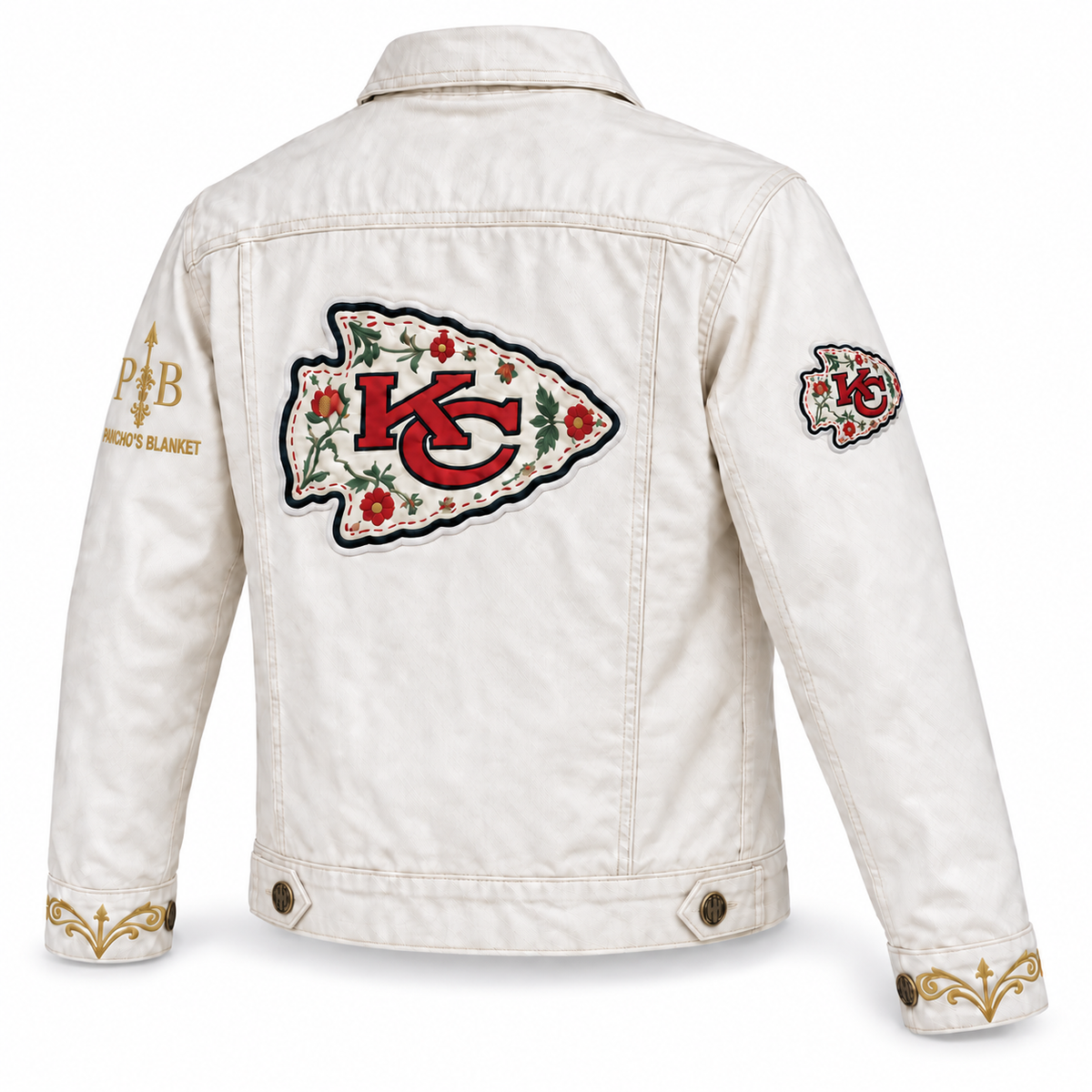 Pancho's Blanket × Kansas City Chiefs Women's Off-White Denim Jacket — back view on white background