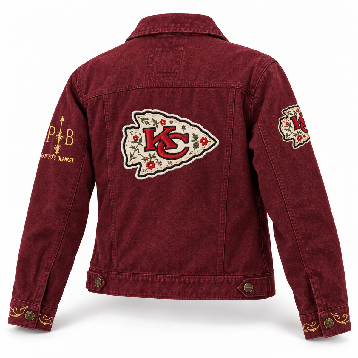 Pancho's Blanket × Kansas City Chiefs Women's Heritage Burnt Red Denim Jacket — back view on white background