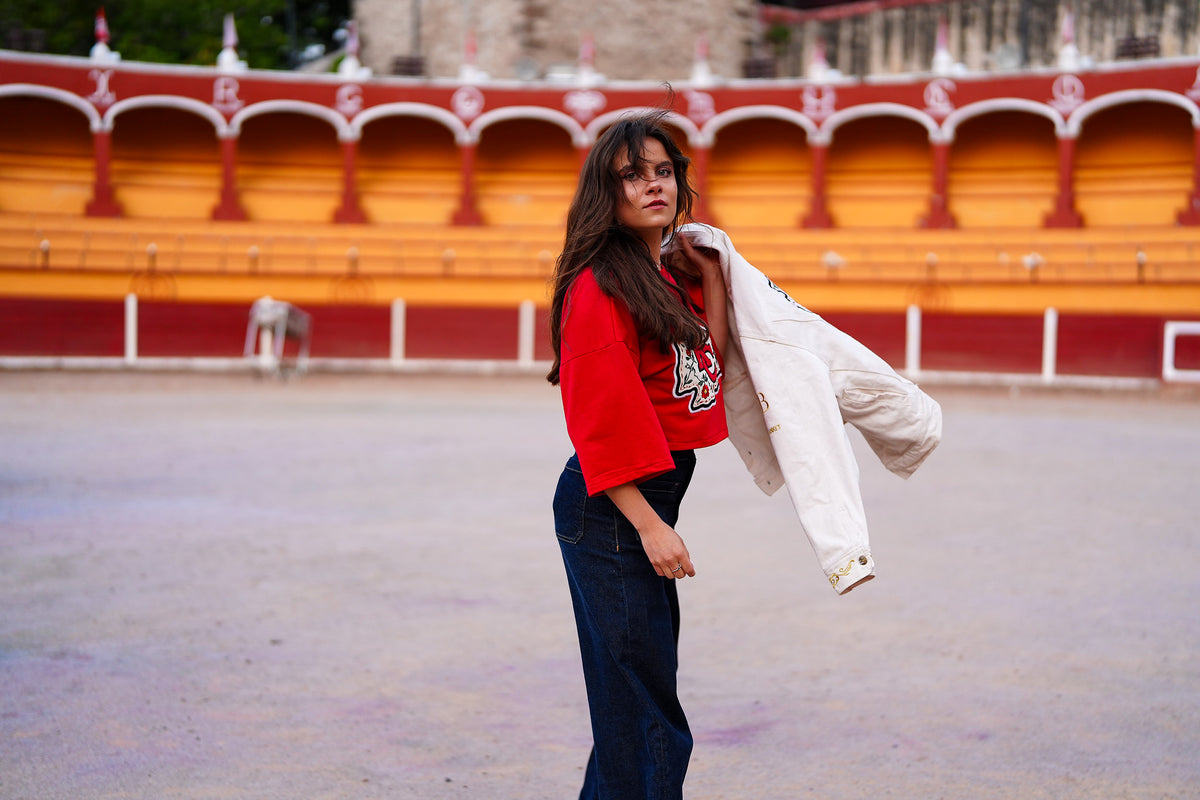 Pancho's Blanket × Kansas City Chiefs Floral Arrowhead Crop Top in red — photoshoot image 0482
