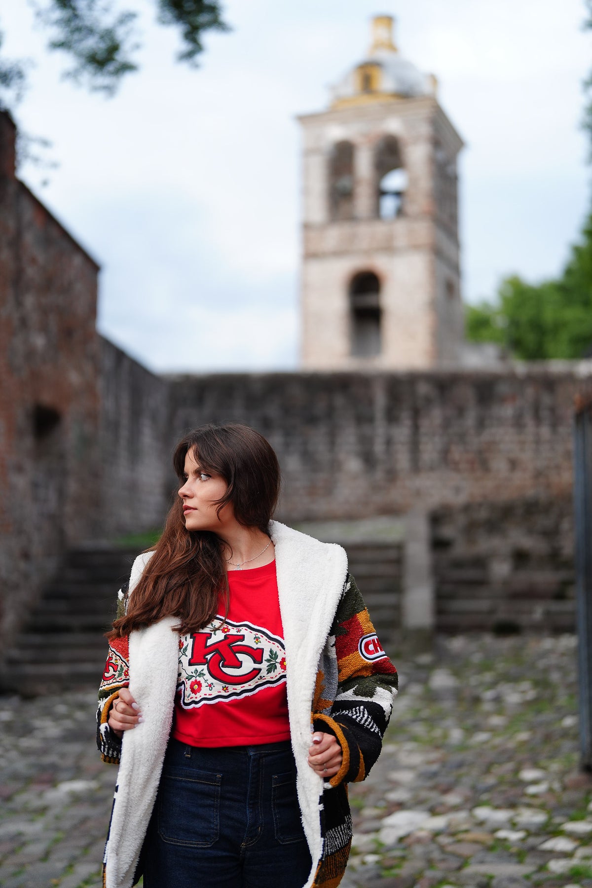 Pancho's Blanket × Kansas City Chiefs Floral Arrowhead Crop Top in red — photoshoot image 0571