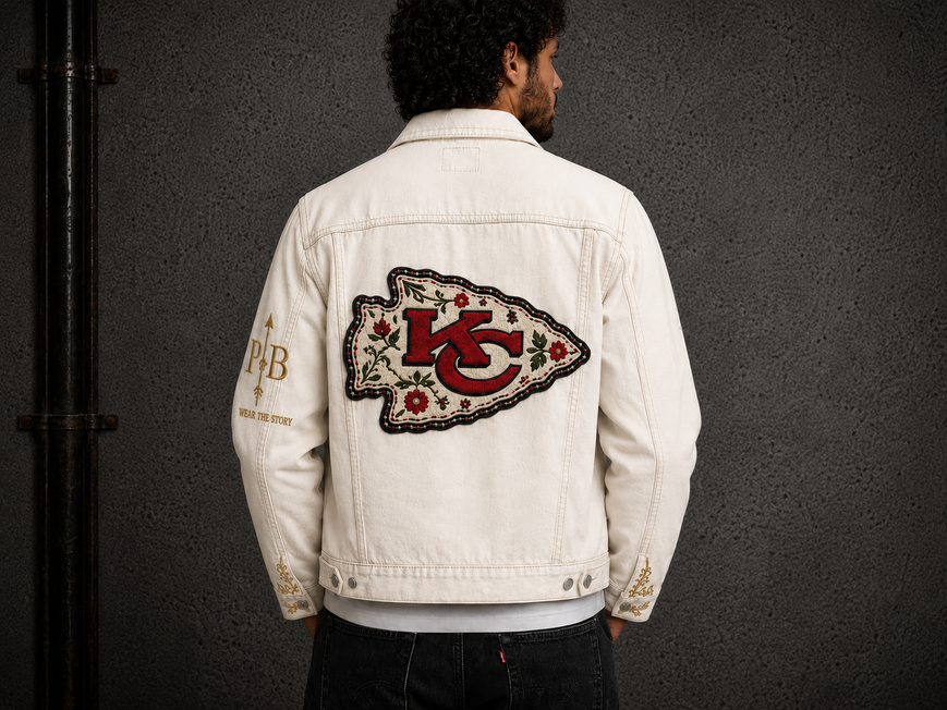 Chiefs Men's Off-White Denim Jacket back view on model