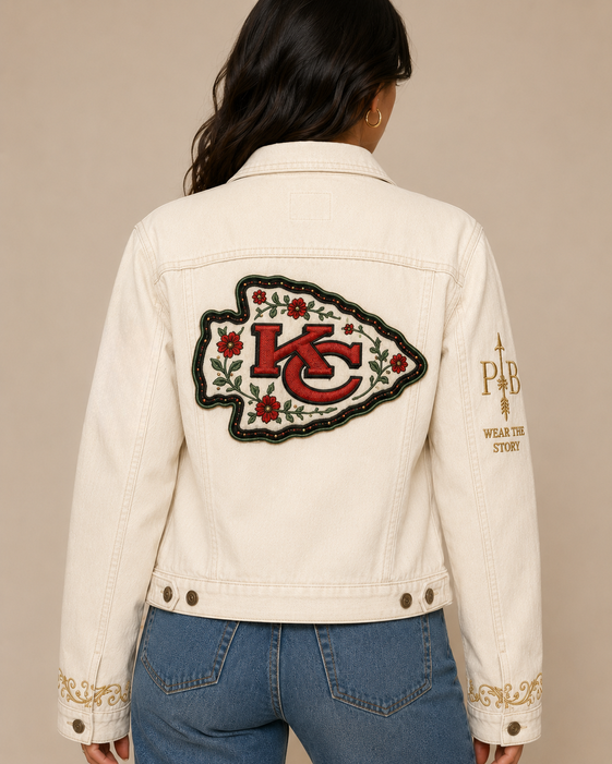 Chiefs Women's Off-White Denim Jacket back view on model