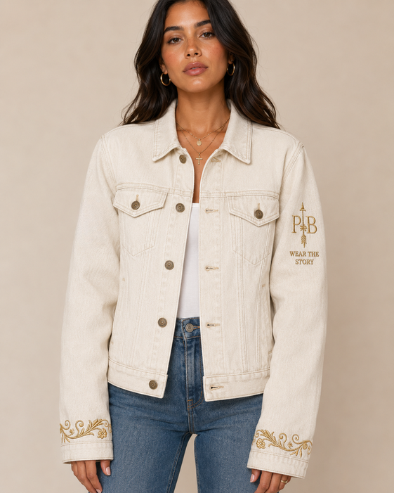 Chiefs Women's Off-White Denim Jacket front view on model
