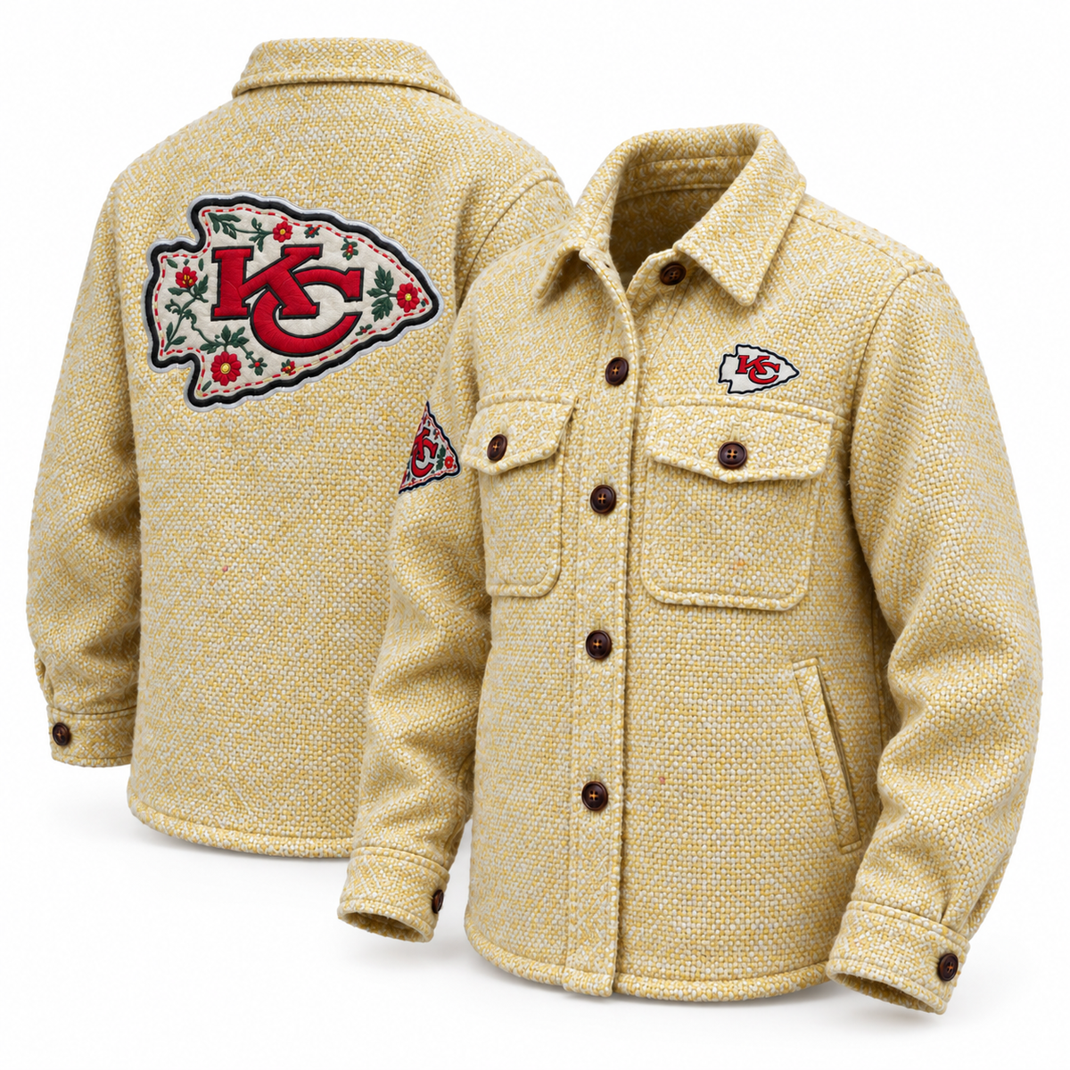 Pancho's Blanket × Kansas City Chiefs Sunwoven Gold Shaket — front and back views on white background