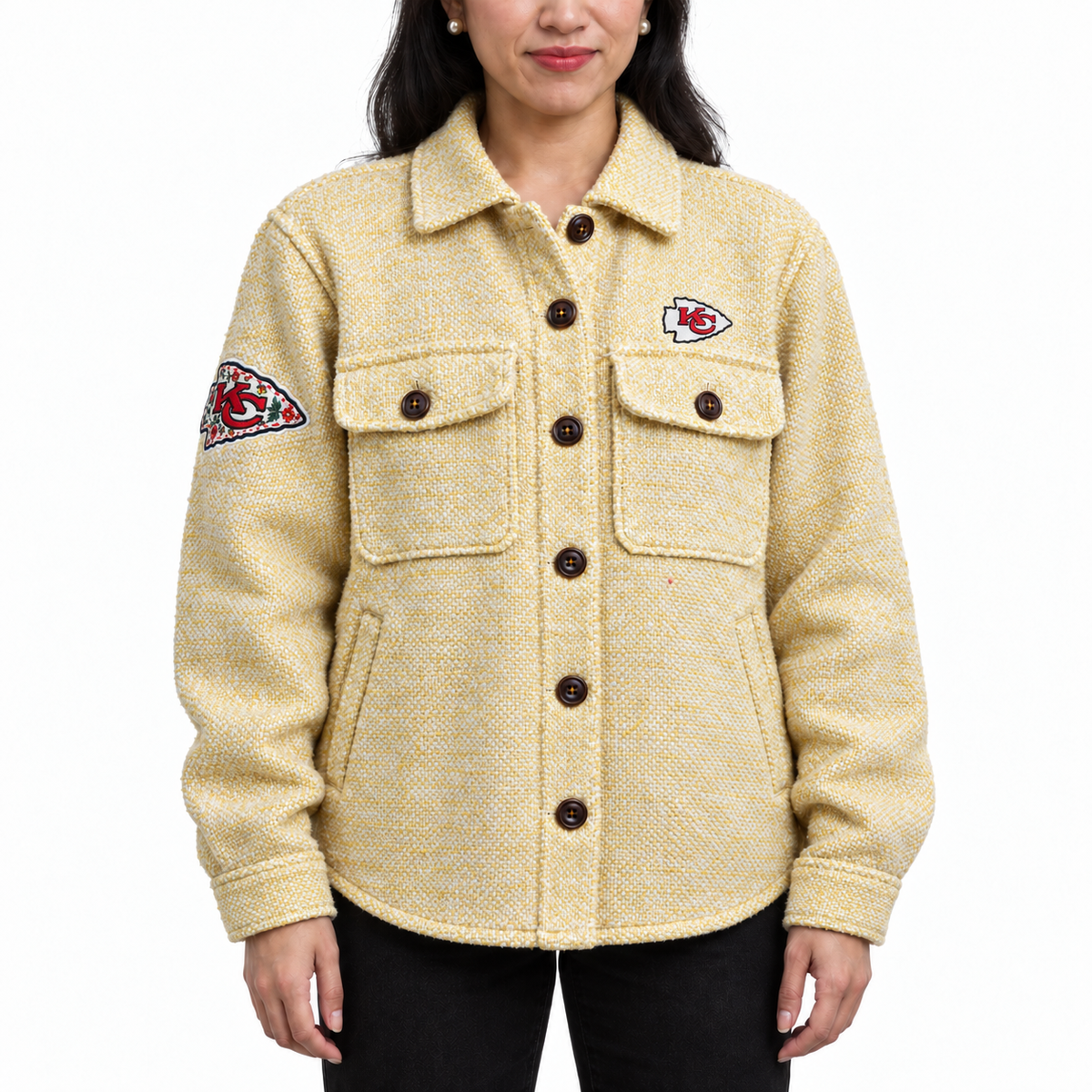 Pancho's Blanket × Kansas City Chiefs Sunwoven Gold Shaket — modeled view on white background