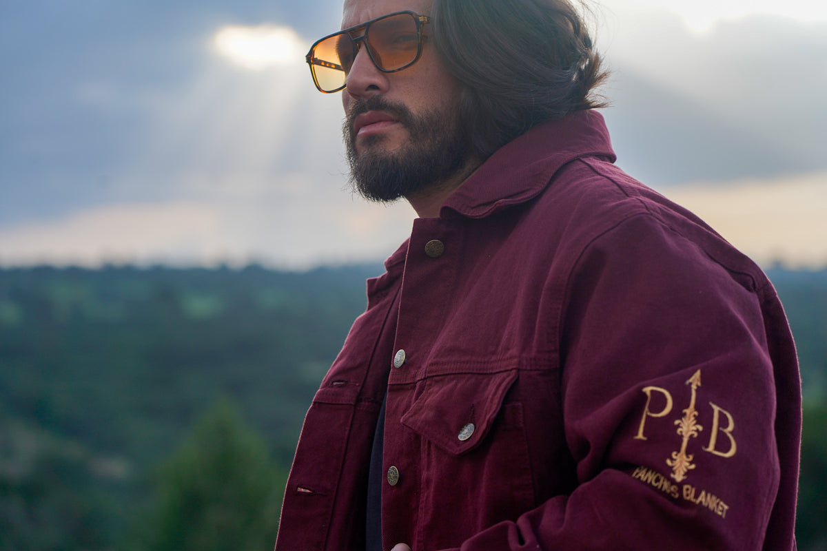 Pancho's Blanket × Kansas City Chiefs Men's Heritage Burnt Red Denim Jacket — photoshoot image _VID0204