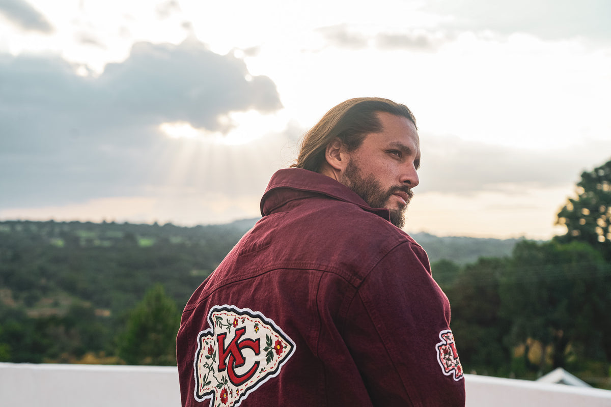 Pancho's Blanket × Kansas City Chiefs Men's Heritage Burnt Red Denim Jacket — photoshoot image _VID0217