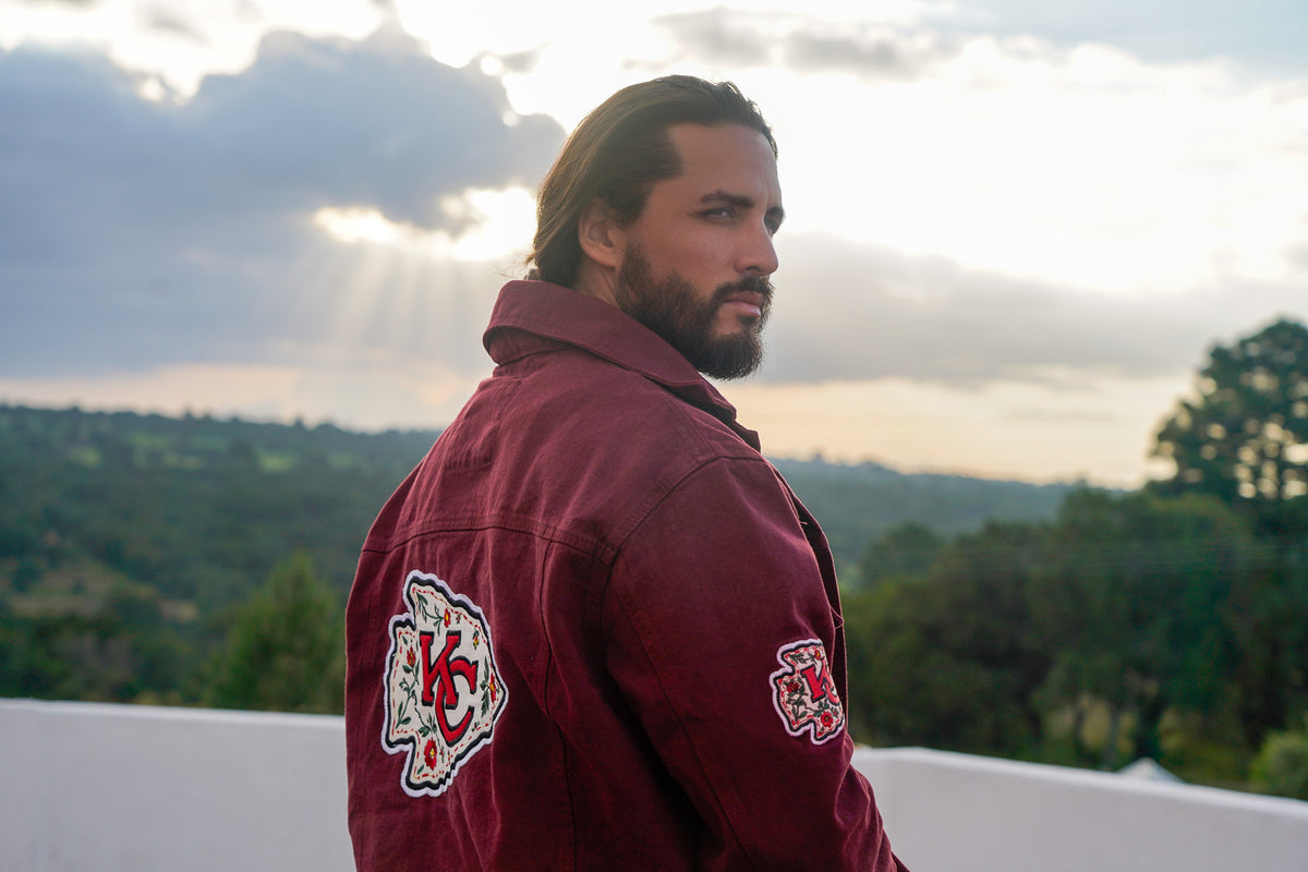 Pancho's Blanket × Kansas City Chiefs Men's Heritage Burnt Red Denim Jacket — photoshoot image _VID0219
