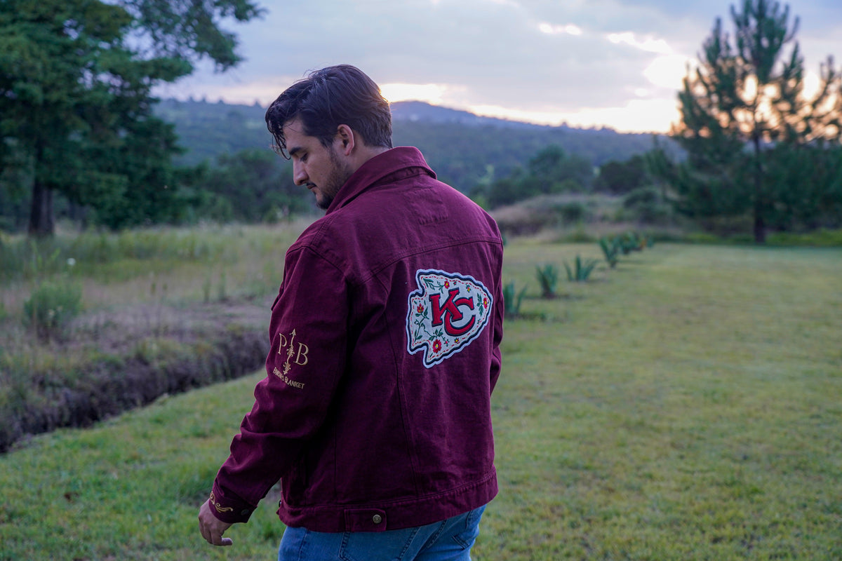 Pancho's Blanket × Kansas City Chiefs Men's Heritage Burnt Red Denim Jacket — photoshoot image _VID0526