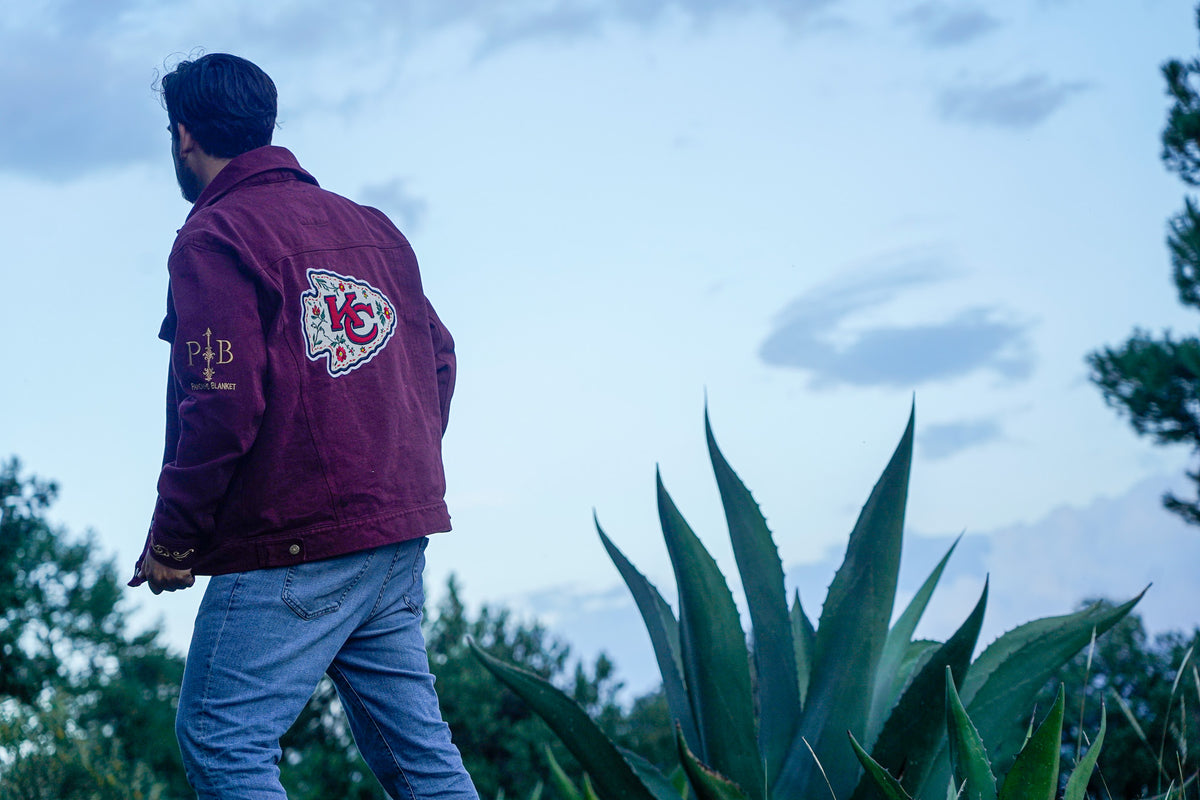 Pancho's Blanket × Kansas City Chiefs Men's Heritage Burnt Red Denim Jacket — photoshoot image _VID0562