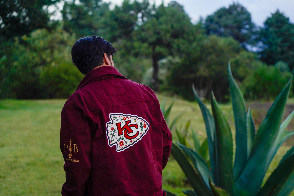 Pancho's Blanket × Kansas City Chiefs Men's Heritage Burnt Red Denim Jacket — photoshoot image _VID0563