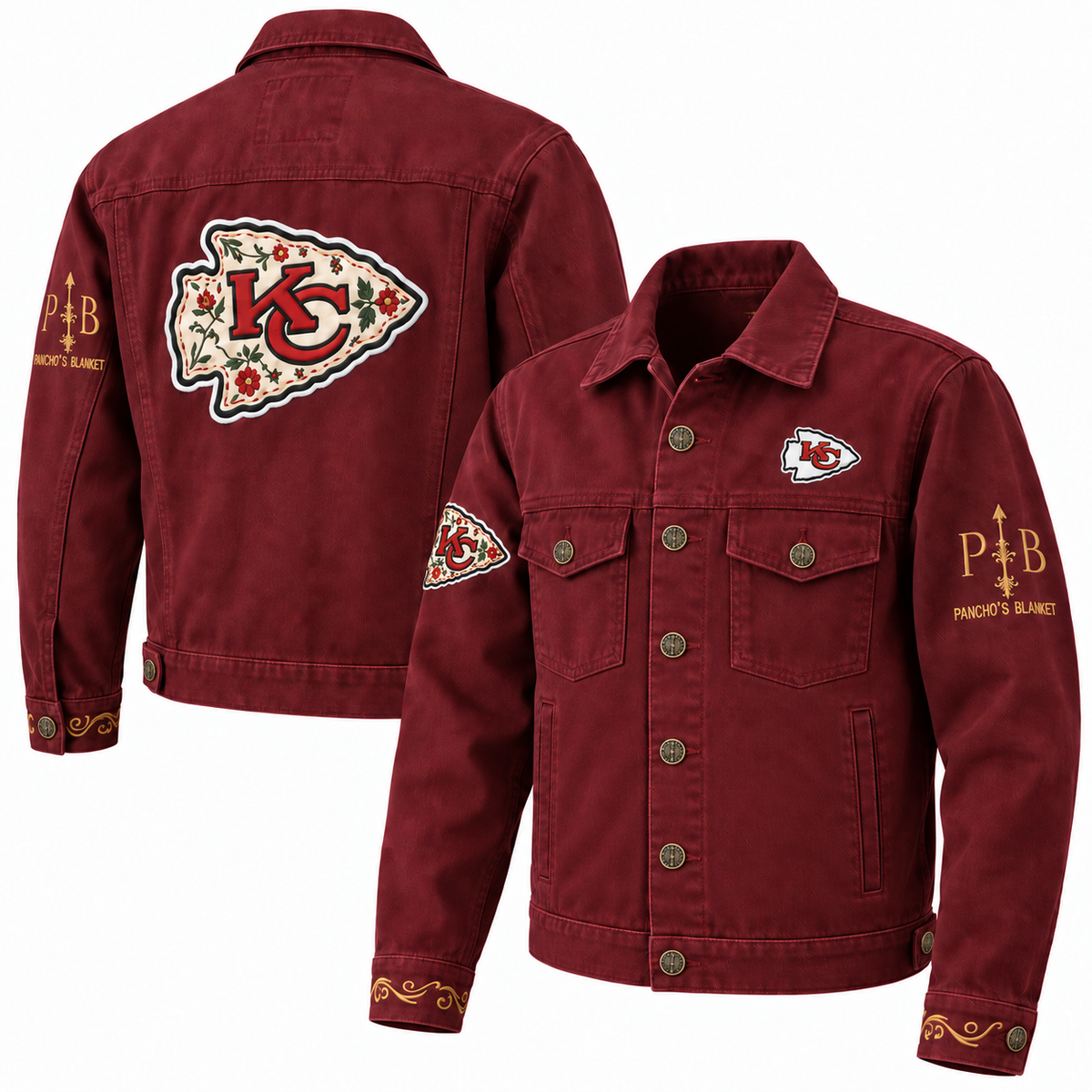 Pancho's Blanket × Kansas City Chiefs Men's Heritage Burnt Red Denim Jacket — front and back views on white background