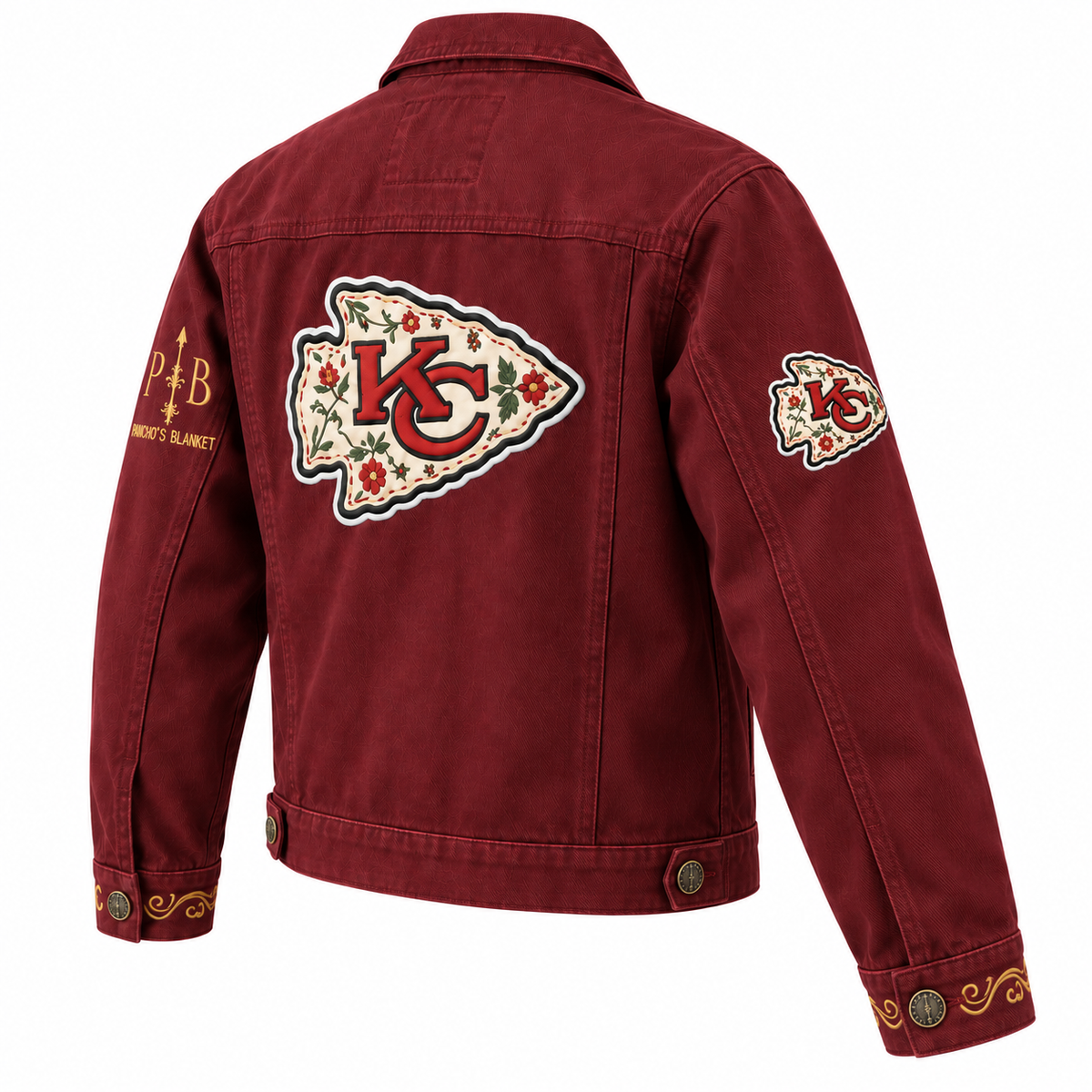 Pancho's Blanket × Kansas City Chiefs Men's Heritage Burnt Red Denim Jacket — back view on white background