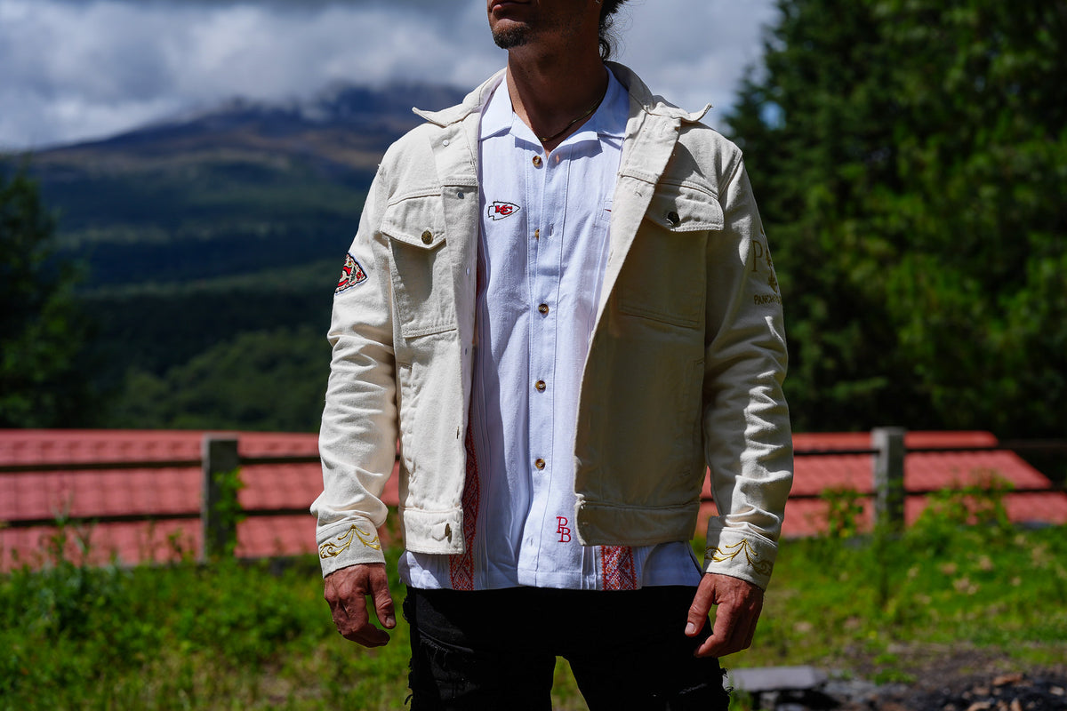 Pancho's Blanket × Kansas City Chiefs Men's Off-White Denim Jacket — photoshoot image 0392
