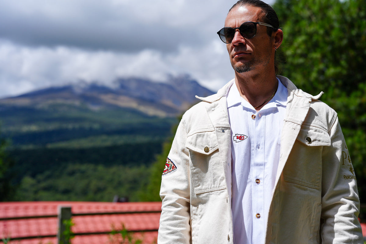 Pancho's Blanket × Kansas City Chiefs Men's Off-White Denim Jacket — photoshoot image 0394