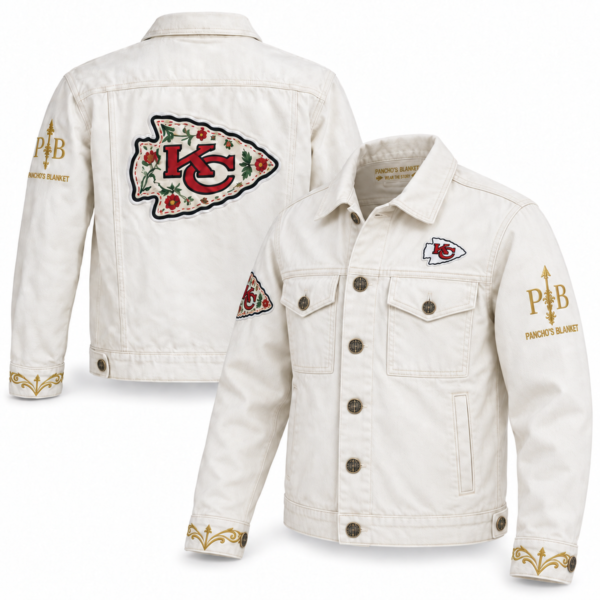 Pancho's Blanket × Kansas City Chiefs Men's Off-White Denim Jacket — front and back views on white background