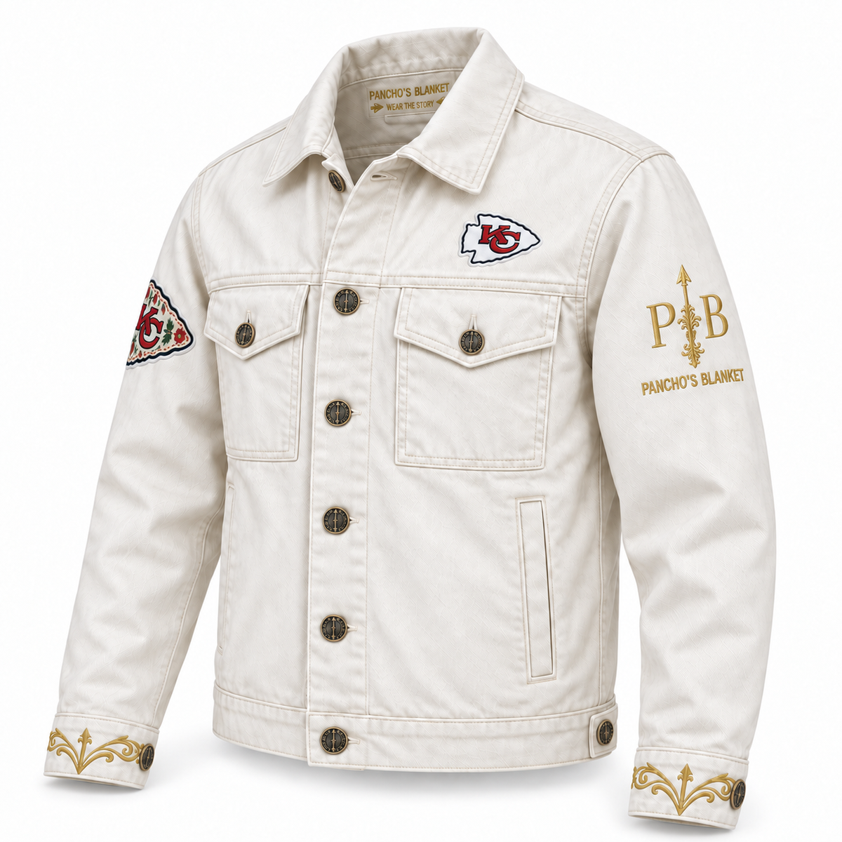 Pancho's Blanket × Kansas City Chiefs Men's Off-White Denim Jacket — front view on white background