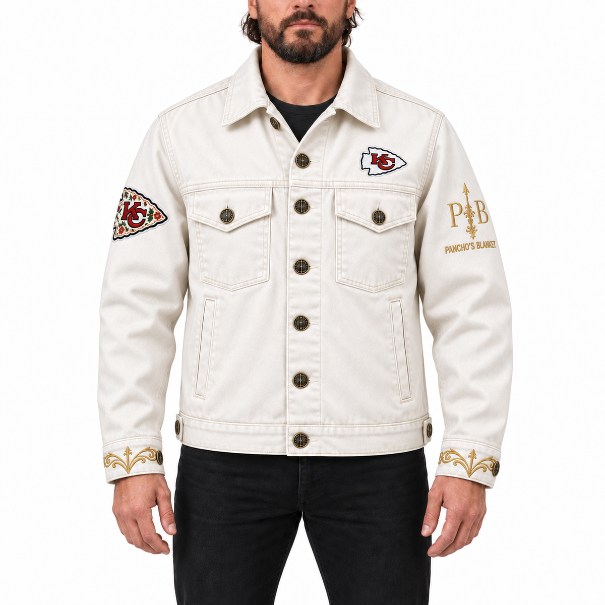 Pancho's Blanket × Kansas City Chiefs Men's Off-White Denim Jacket — modeled view on white background