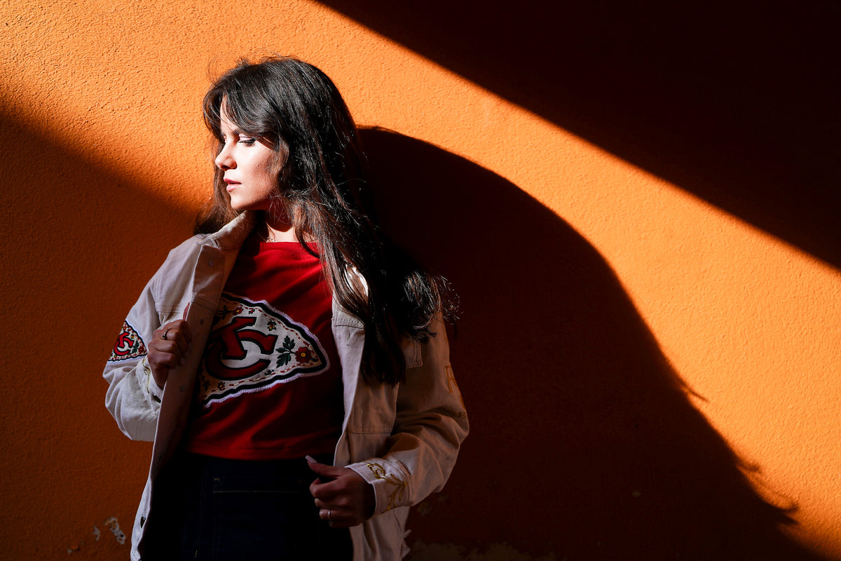 Pancho's Blanket × Kansas City Chiefs Women's Off-White Denim Jacket — photoshoot image 0448