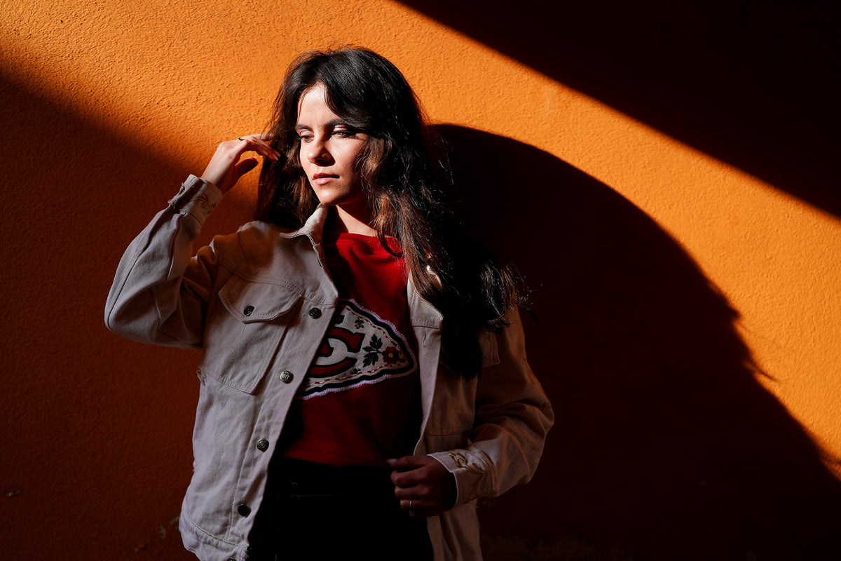 Pancho's Blanket × Kansas City Chiefs Women's Off-White Denim Jacket — photoshoot image 0451