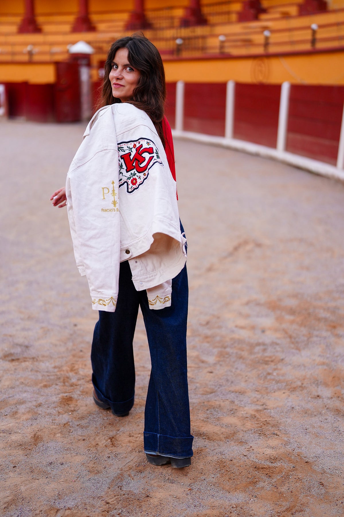 Pancho's Blanket × Kansas City Chiefs Women's Off-White Denim Jacket — photoshoot image 0469