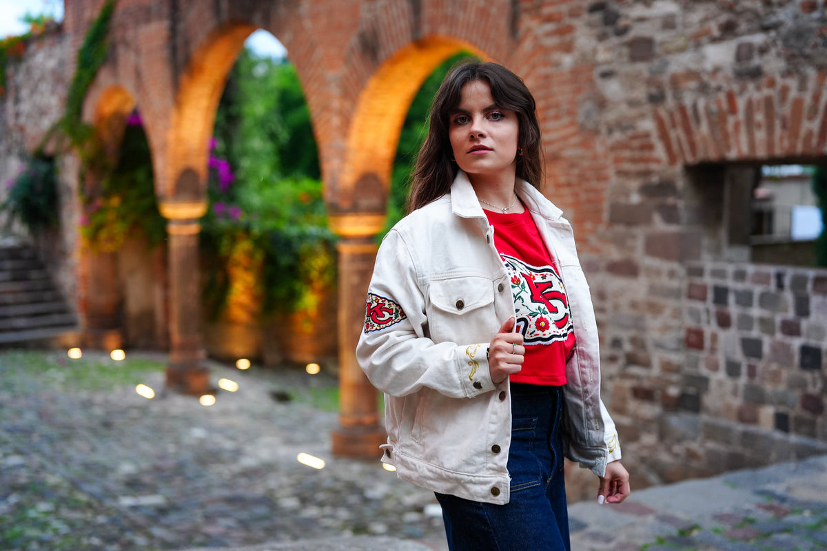 Pancho's Blanket × Kansas City Chiefs Women's Off-White Denim Jacket — photoshoot image 0597