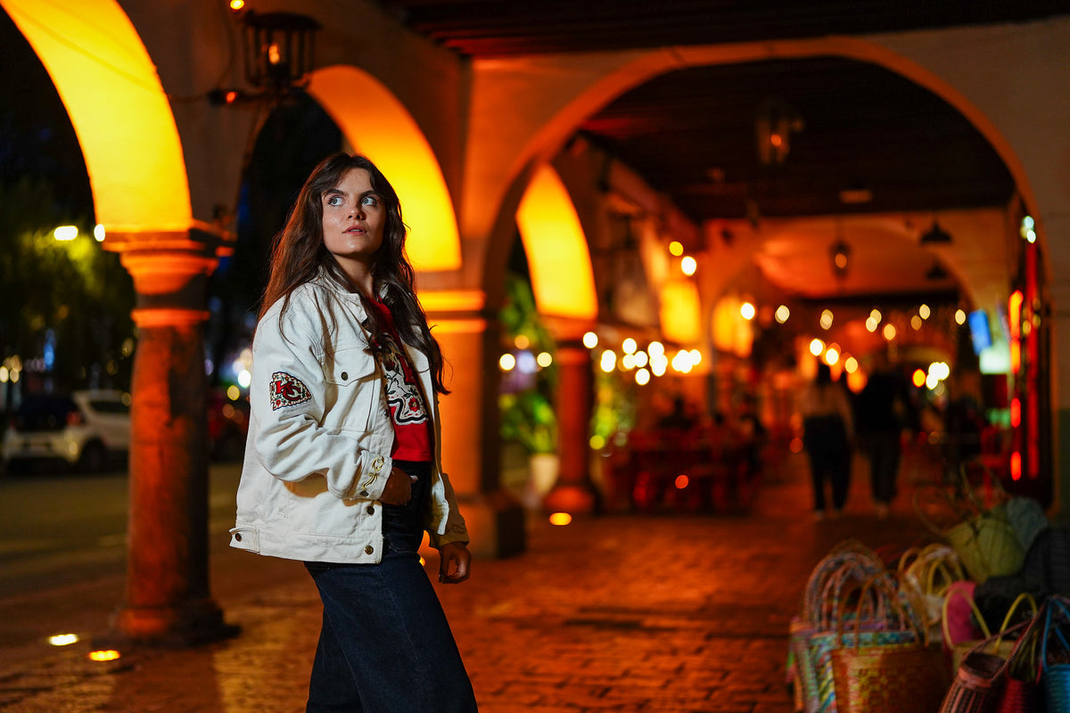 Pancho's Blanket × Kansas City Chiefs Women's Off-White Denim Jacket — photoshoot image 0624