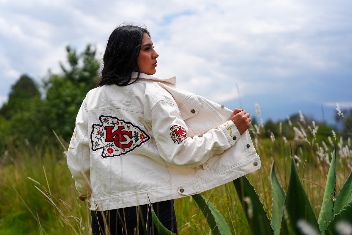 Pancho's Blanket × Kansas City Chiefs Women's Off-White Denim Jacket — photoshoot image 0825