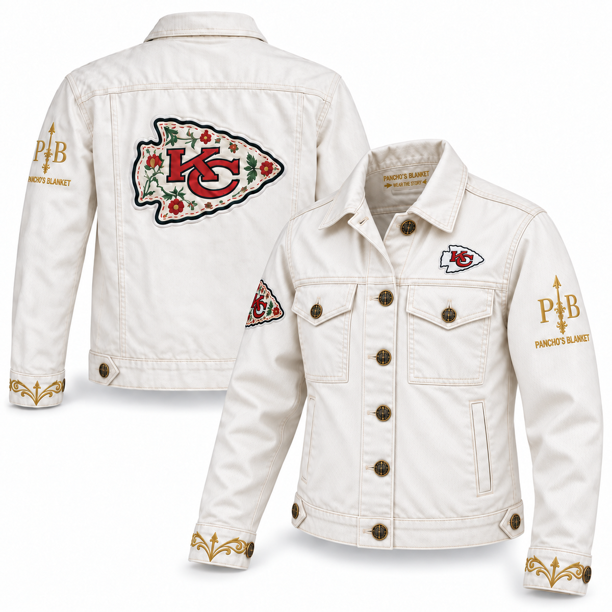 Pancho's Blanket × Kansas City Chiefs Women's Off-White Denim Jacket — front and back views on white background