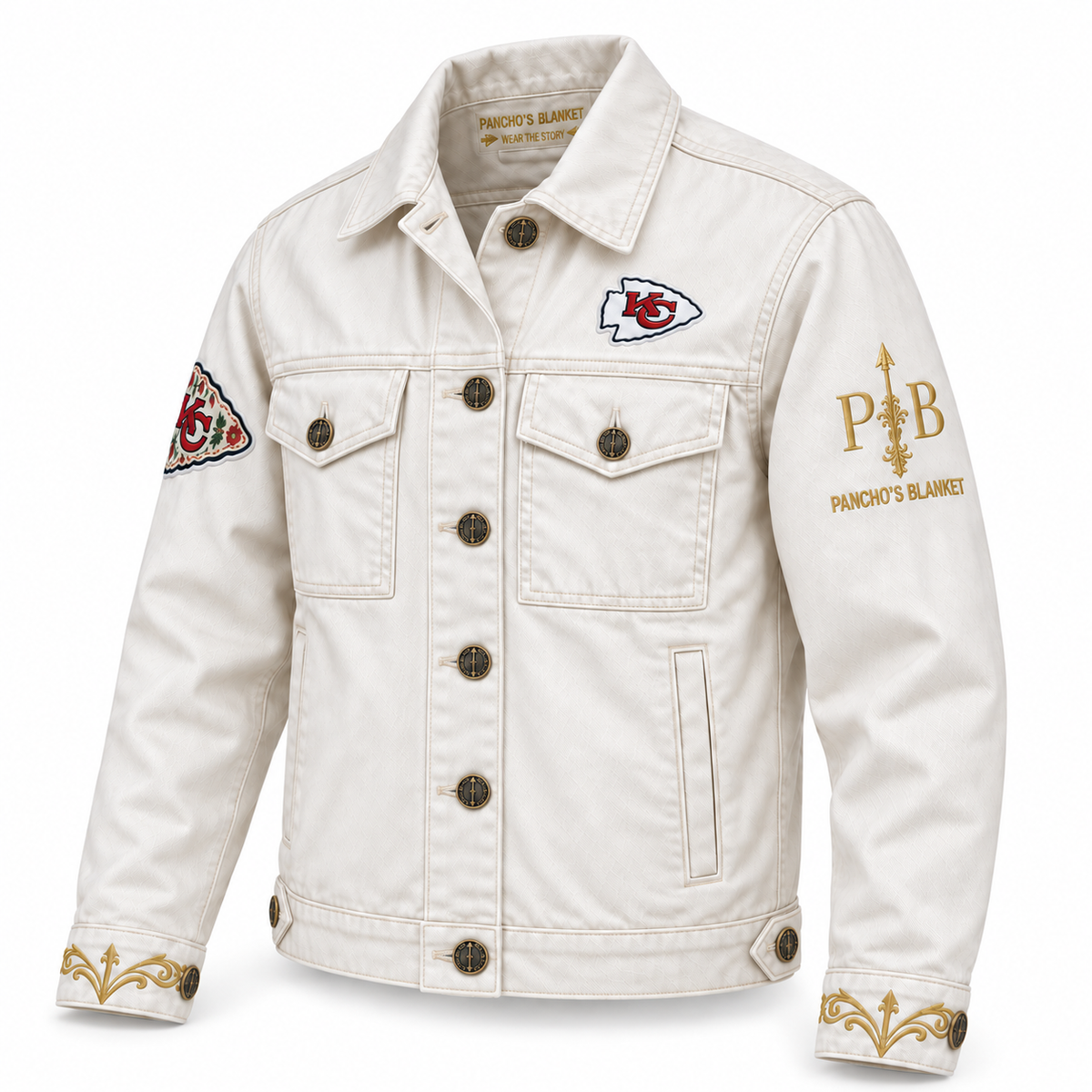 Pancho's Blanket × Kansas City Chiefs Women's Off-White Denim Jacket — front view on white background