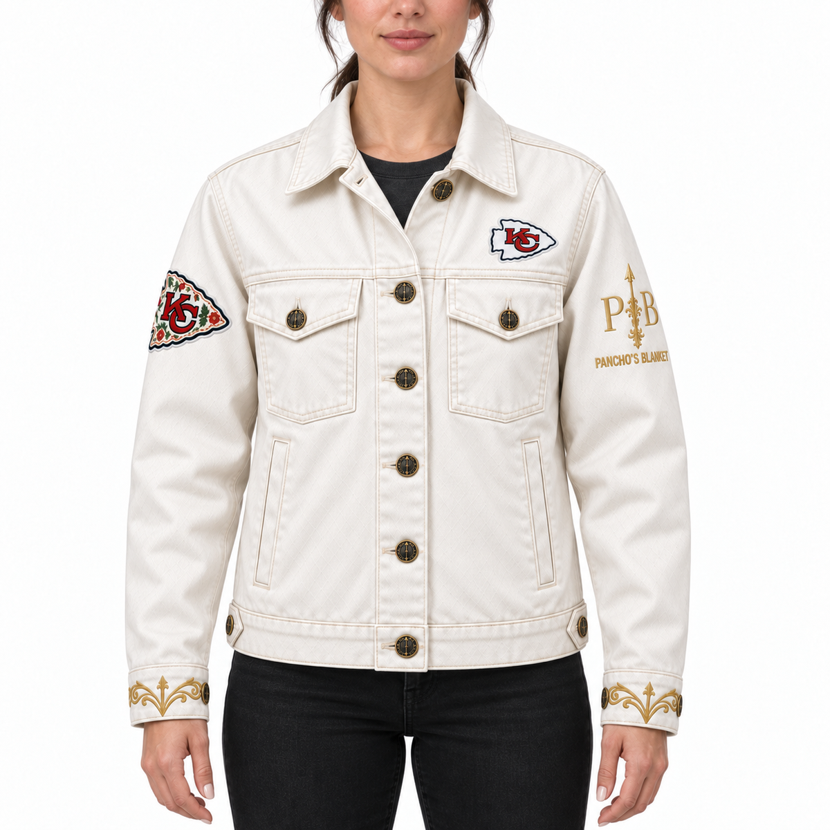 Pancho's Blanket × Kansas City Chiefs Women's Off-White Denim Jacket — modeled view on white background