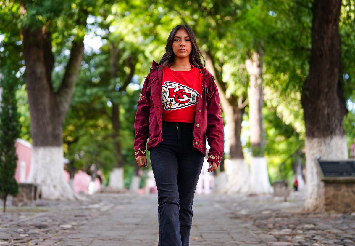 Pancho's Blanket × Kansas City Chiefs Women's Heritage Burnt Red Denim Jacket — photoshoot image 0642