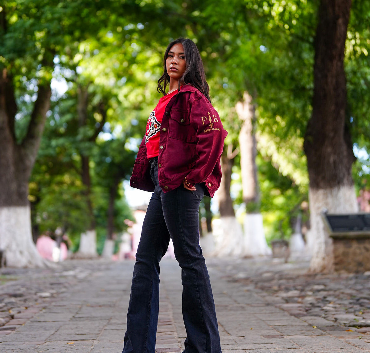 Pancho's Blanket × Kansas City Chiefs Women's Heritage Burnt Red Denim Jacket — photoshoot image 0644