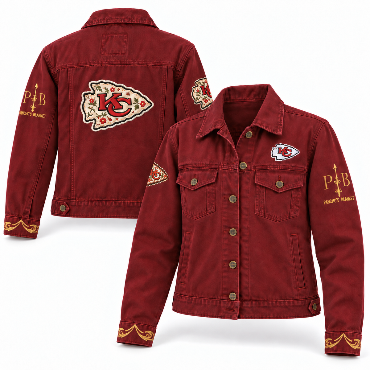 Pancho's Blanket × Kansas City Chiefs Women's Heritage Burnt Red Denim Jacket — front and back views on white background