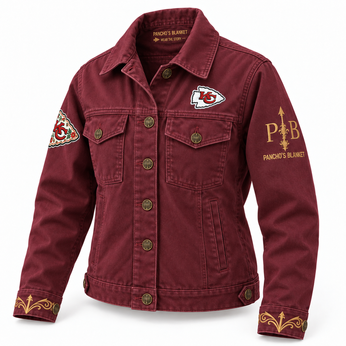 Pancho's Blanket × Kansas City Chiefs Women's Heritage Burnt Red Denim Jacket — front view on white background